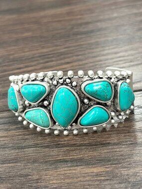 Turquoise Cluster Statement Cuff Bracelet Western Boho Silver Tone Bold